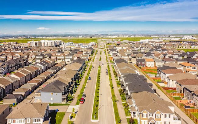 Aerial view of a northeast Calgary residential community